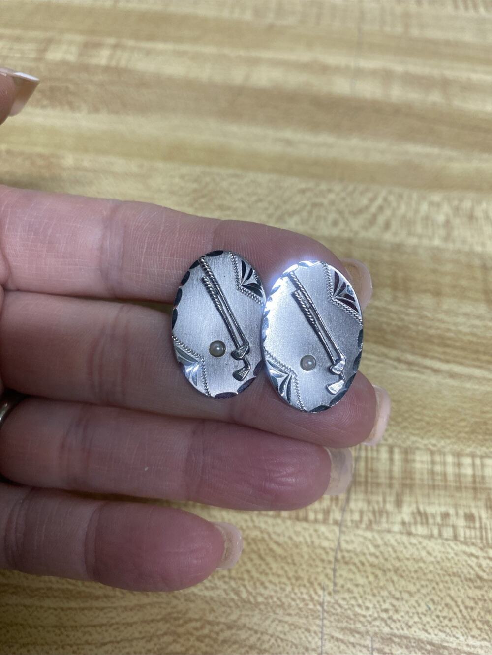 Vintage 50s Swank (?) Silver Tone Oval Golf Clubs Cuff Links